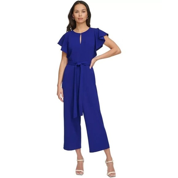 DKNY Women's Keyhole-Neck Flutter-Sleeve Belted Wide Leg Jumpsuit Royal Blue 6 - Picture 1 of 11
